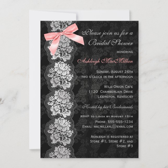 PRINTED BOW Black Floral Lace Bridal Shower Invite (Front)