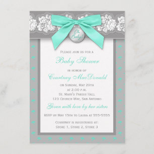 PRINTED BOW Grey Floral Lace Baby Shower Invite