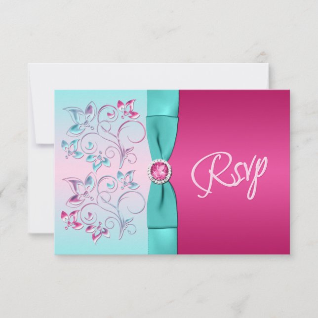PRINTED BOW Pink, Aqua Floral Reply Card (Front)