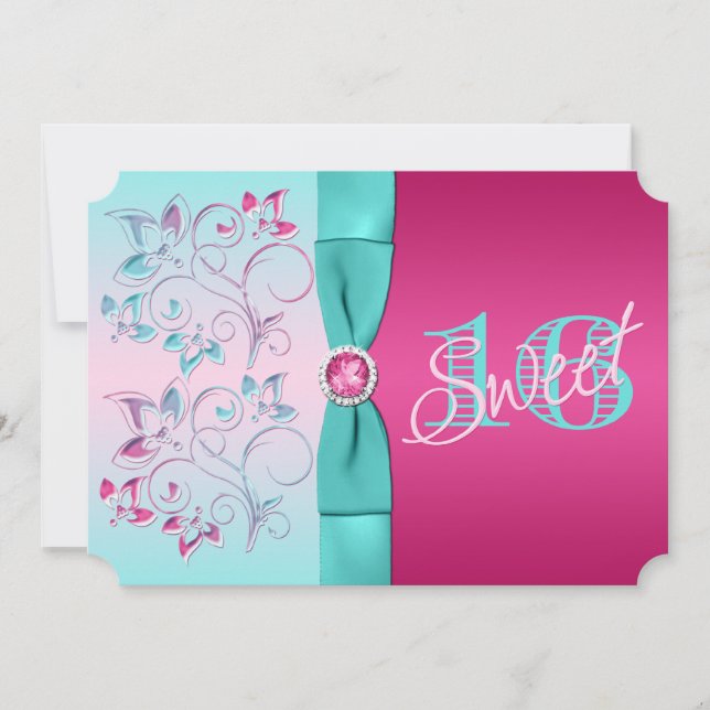 PRINTED BOW Pink, Aqua Floral Sweet Sixteen Invite (Front)