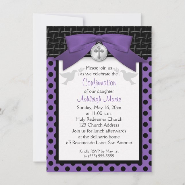 PRINTED BOW Purple First Holy Confirmation Invite (Front)