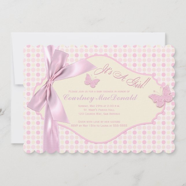 PRINTED BOW/Ribbon Pink Polka Dots Baby Shower Invitation (Front)