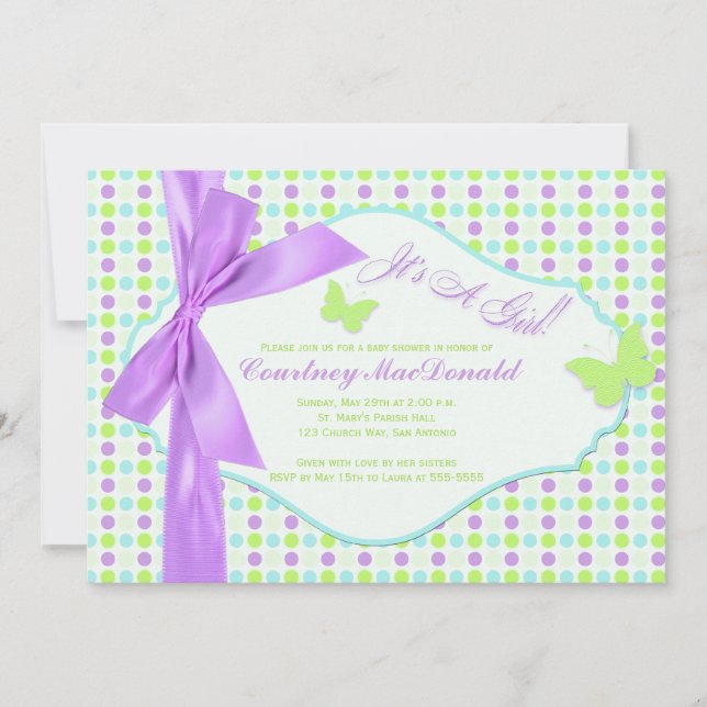 PRINTED BOW/Ribbon Purple Polka Dots Baby Shower Invitation (Front)