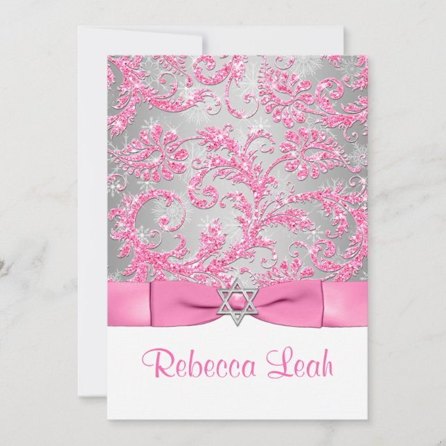 PRINTED Bow - Winter Wonderland Bat Mitzvah - Pink Invitation (Front)