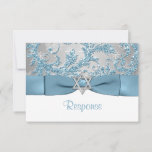 PRINTED BOW - Winter Wonderland Bat Mitzvah RSVP<br><div class="desc">****Please note that the ribbon, bow, glitter and silver star are PRINTED ON images, and are not real. This elegant ice blue, silver grey floral FAUX glitter damask pattern Bat Mitzvah rsvp card has a background of assorted white snowflakes on it and a PRINTED steel blue ribbon and bow with...</div>