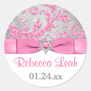 PRINTED Bow - Winter Wonderland Damask Bat Mitzvah Classic Round Sticker