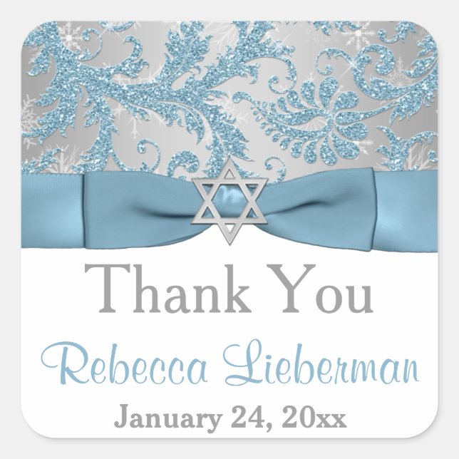 PRINTED Bow - Winter Wonderland Damask Bat Mitzvah Square Sticker (Front)