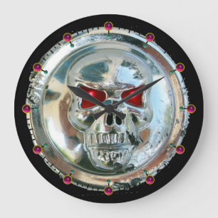 PRINTED CHROME SKULL Red Ruby Gems Large Clock