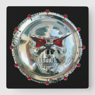PRINTED CHROME SKULL Red Ruby Gems Square Wall Clock
