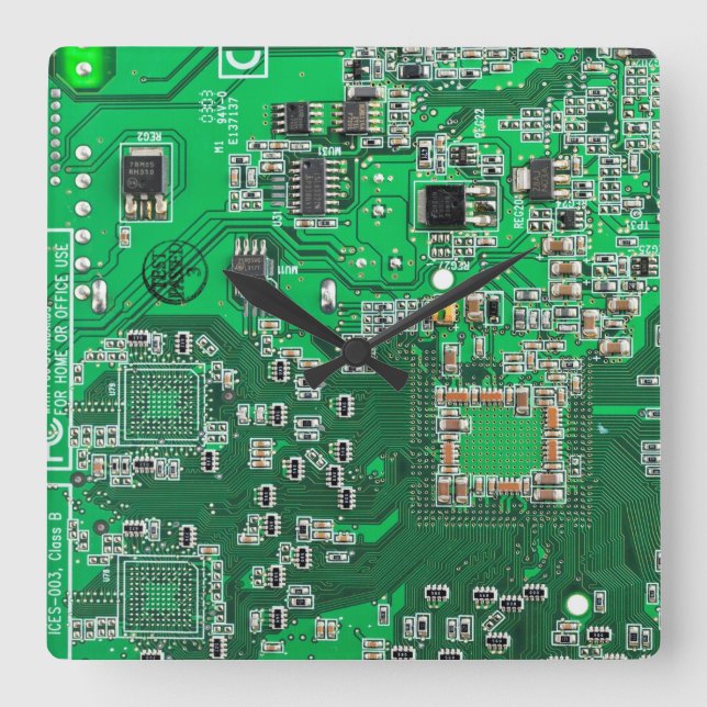 Printed Circuit Assembly PCB Green Circuit Board Square Wall Clock (Front)