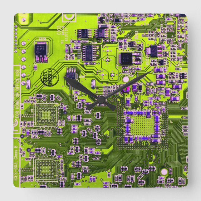 Printed Circuit Assembly PCB Yellow Circuit Board Square Wall Clock (Front)