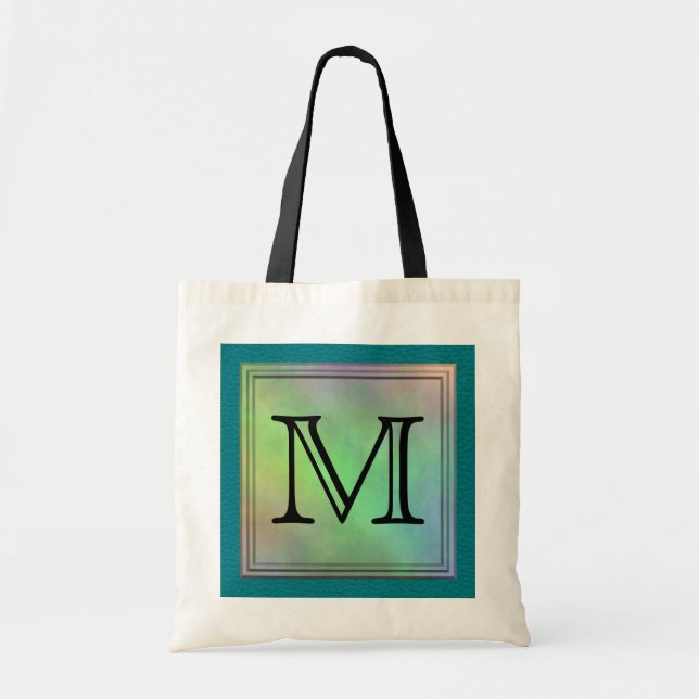 Printed Custom Monogram Image on Teal Pattern. Tote Bag (Front)