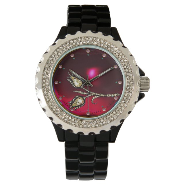 PRINTED DIAMOND TULIPS ,Red Ruby Gemstones Watch (Front)