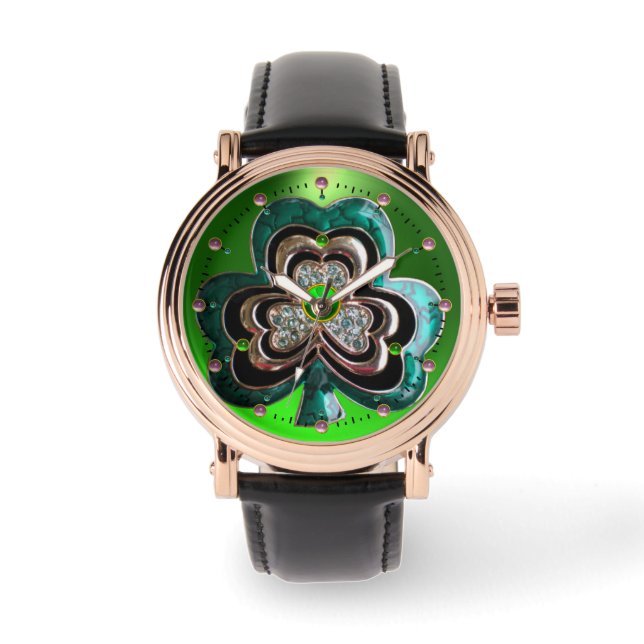 PRINTED EMERALD GREEN SHAMROCK JEWEL WITH GEMS WATCH (Front)