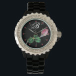 PRINTED ENAMEL ROSEBUD JEWEL AND DIAMONDS MONOGRAM WATCH<br><div class="desc">Elegant floral design with pink rosebud with diamonds and 3D pink gemstones.</div>