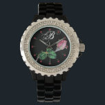 PRINTED ENAMEL ROSEBUD JEWEL AND DIAMONDS MONOGRAM WATCH<br><div class="desc">Elegant floral design with pink rosebud with diamonds and 3D pink gemstones.</div>