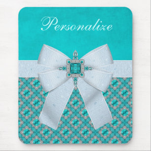 Printed Faux Bow & Aquamarine & Silver Jewels Mouse Pad