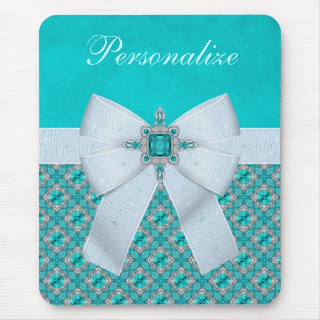 Printed Faux Bow & Aquamarine & Silver Jewels Mouse Pad (Front)
