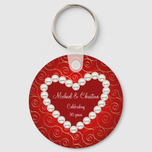 Printed Faux pearl red and gold anniversary Key Ring