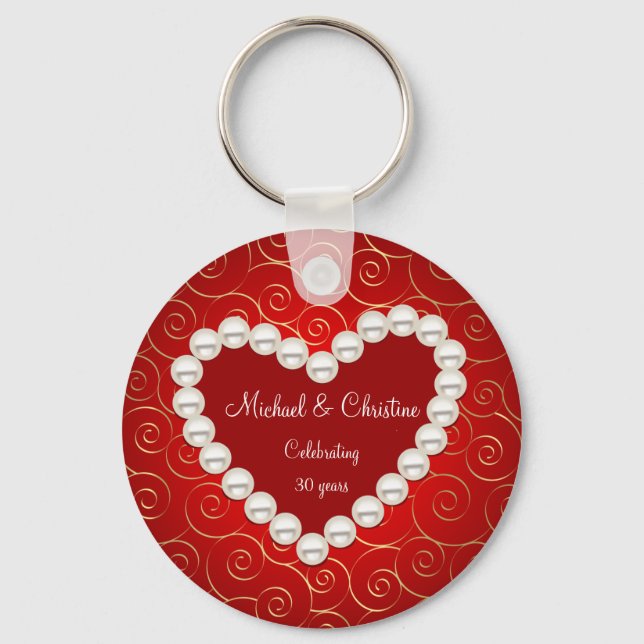 Printed Faux pearl red and gold anniversary Key Ring (Front)