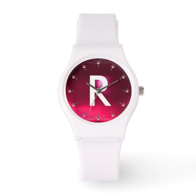 PRINTED FUCHSIA PINK RUBY GEMSTONE MONOGRAM WATCH (Front)