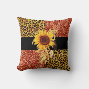 PRINTED GIRAFFE, LEOPARD FUR AND SUNFLOWER CUSHION