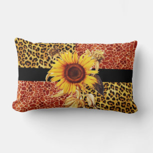 PRINTED GIRAFFE, LEOPARD FUR AND SUNFLOWER LUMBAR CUSHION