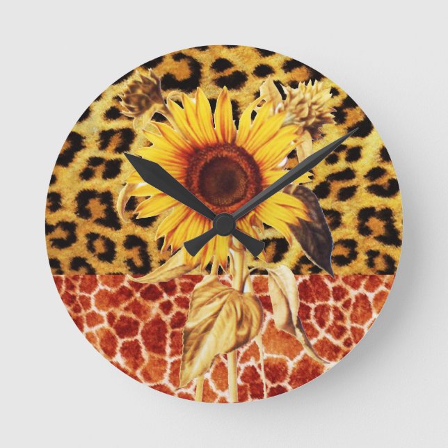 PRINTED GIRAFFE, LEOPARD FUR AND SUNFLOWER ROUND CLOCK (Front)