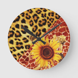 PRINTED GIRAFFE, LEOPARD FUR AND SUNFLOWER ROUND CLOCK