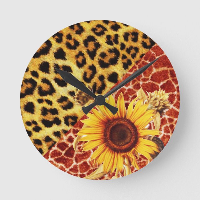 PRINTED GIRAFFE, LEOPARD FUR AND SUNFLOWER ROUND CLOCK (Front)