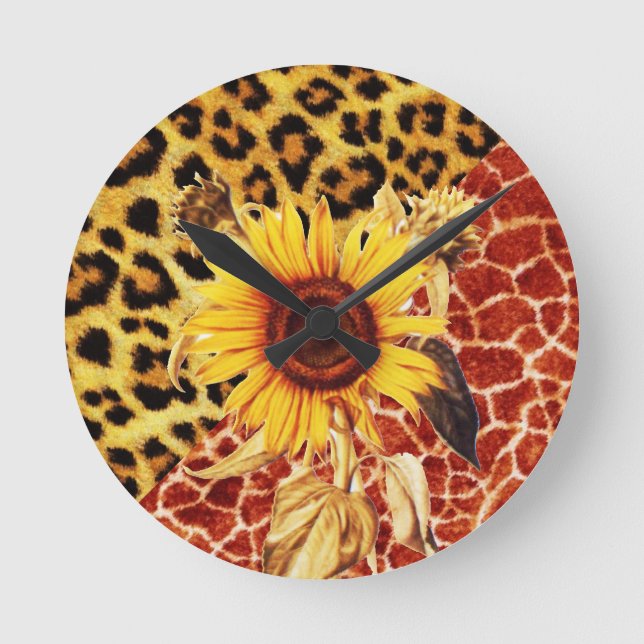 PRINTED GIRAFFE, LEOPARD FUR AND SUNFLOWER ROUND CLOCK (Front)