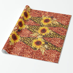 PRINTED GIRAFFE, LEOPARD FUR RIBBON AND SUFLOWERS WRAPPING PAPER