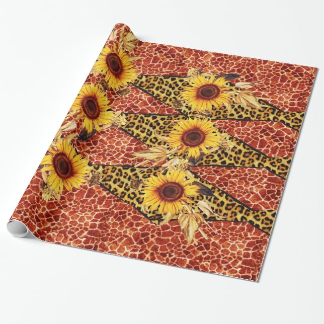 PRINTED GIRAFFE, LEOPARD FUR RIBBON AND SUFLOWERS WRAPPING PAPER (Unrolled)