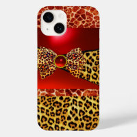 PRINTED GIRAFFE LEOPARD SKIN BOW,RED RUBY GEMSTONE