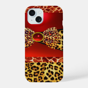 PRINTED GIRAFFE LEOPARD SKIN BOW,RED RUBY GEMSTONE iPhone 15 CASE