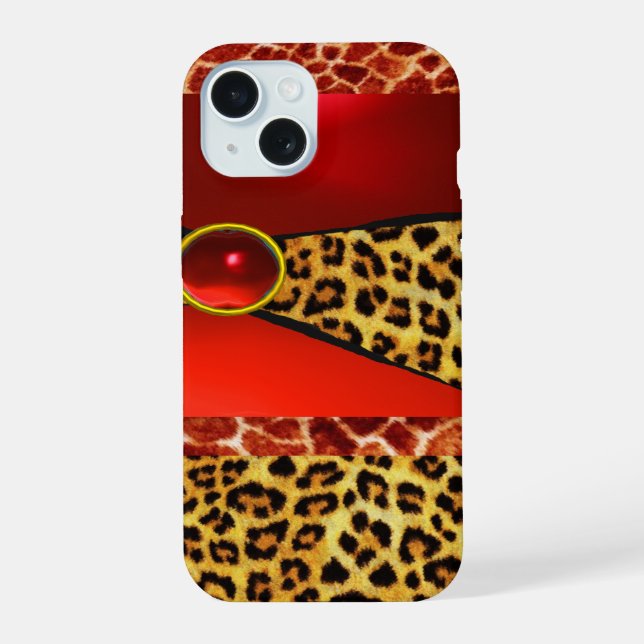 PRINTED GIRAFFE LEOPARD SKIN RED RUBY GEMSTONE iPhone 15 CASE (Back)