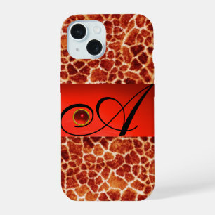 PRINTED GIRAFFE SKIN RED RUBY GEMSTONE MONOGRAM, iPhone 15 CASE