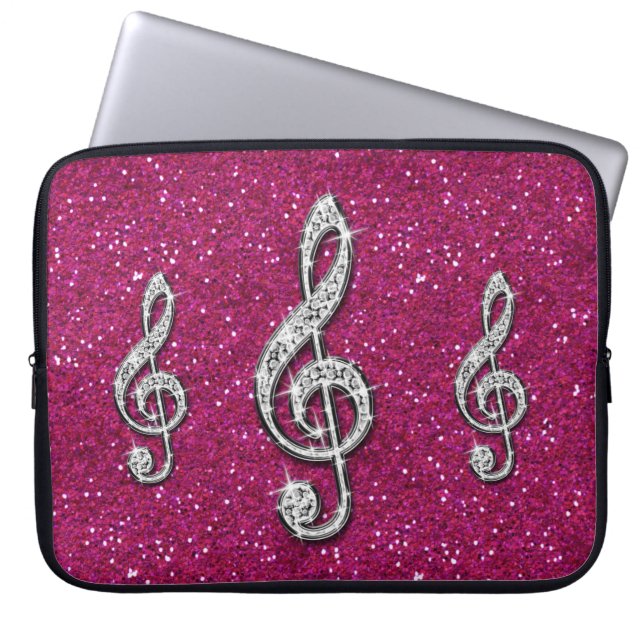 Printed Glitzy Sparkly Diamond Music Notes Laptop Sleeve (Front)