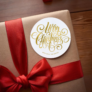 Printed Gold Foil Fancy Script "Merry Christmas" Classic Round Sticker