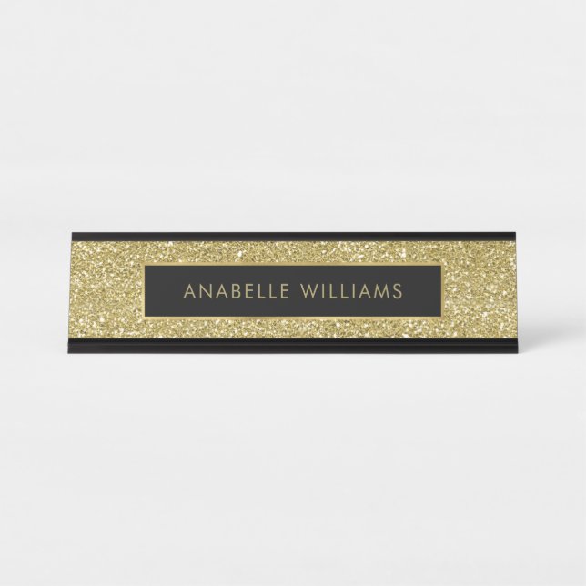 Printed Gold Glitter Texture Modern Desk Name Plate (Front)