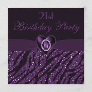 Printed Jewel Heart & Zebra Glitter 21st Birthday Invitation