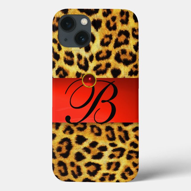 PRINTED LEOPARD FUR RED RUBY GEMSTONE MONOGRAM, Case-Mate iPhone CASE (Back)