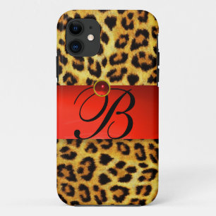 PRINTED LEOPARD FUR RED RUBY GEMSTONE MONOGRAM, iPhone 11 CASE