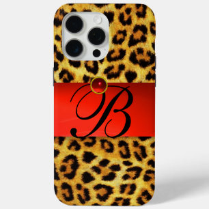 PRINTED LEOPARD FUR RED RUBY GEMSTONE MONOGRAM, iPhone 15 PRO MAX CASE