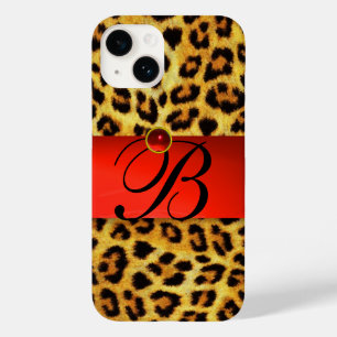 PRINTED LEOPARD FUR RED RUBY GEMSTONE MONOGRAM, Case-Mate iPhone 14 CASE