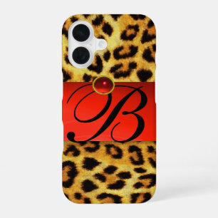 PRINTED LEOPARD FUR RED RUBY GEMSTONE MONOGRAM, iPhone 16 CASE