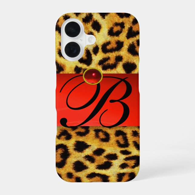 PRINTED LEOPARD FUR RED RUBY GEMSTONE MONOGRAM, iPhone 16 CASE (Back)