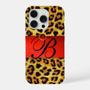 PRINTED LEOPARD FUR RED RUBY GEMSTONE MONOGRAM, iPhone 15 PRO CASE
