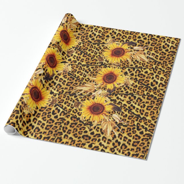 PRINTED LEOPARD FUR RIBBON AND SUFLOWERS WRAPPING PAPER (Unrolled)