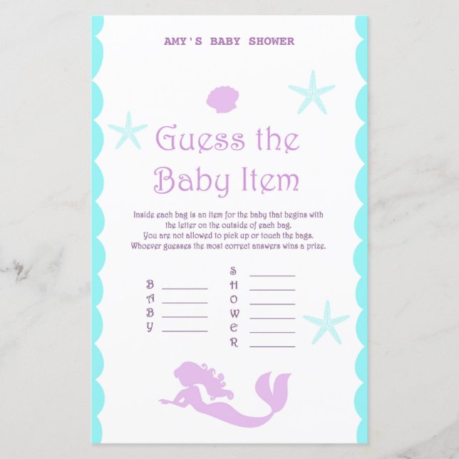 Printed Mermaid Baby Shower Game (Front)